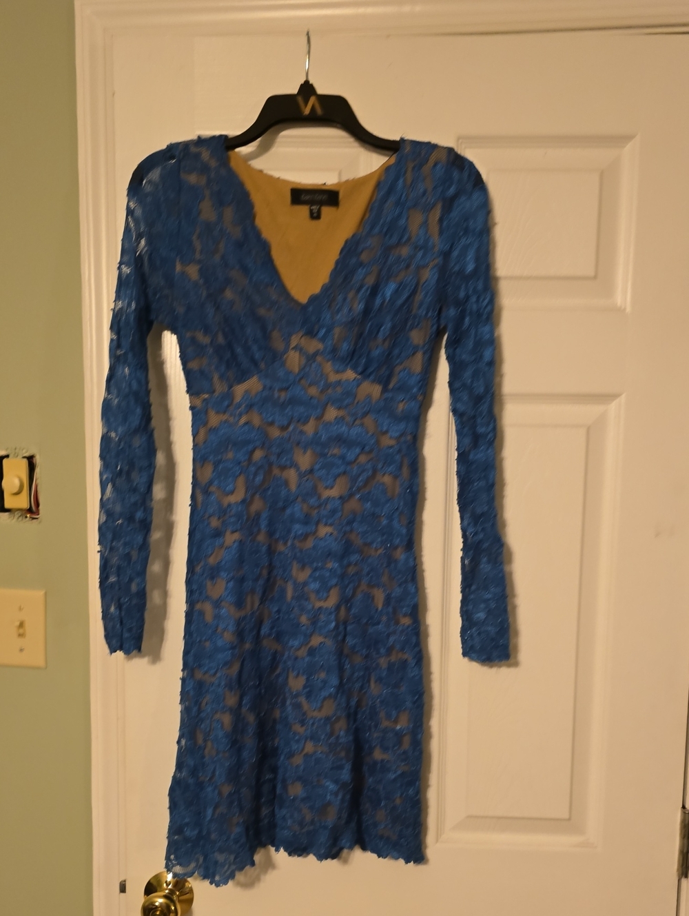 Karen Kane Blue Long Sleeve Lace V-Neck Dress